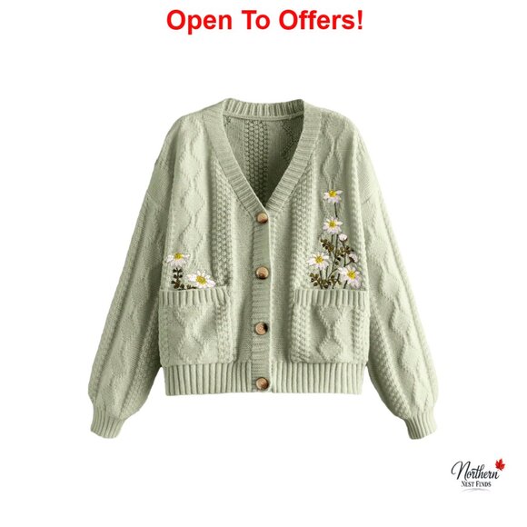 Chunky Cable Knit Cardigan with Floral Embroidery V-Neck Button Down Pockets - Picture 1 of 5